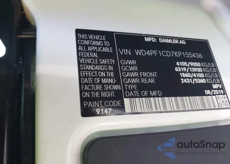 2019 Mercedes-Benz Sprinter 2500 High Roof V6 z USA, uszkodzony, nr VIN WD4PF1CD7KP155436